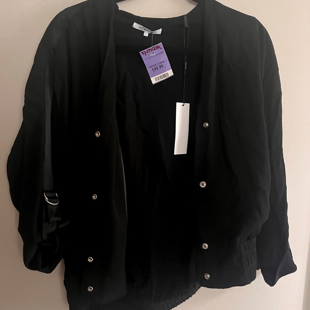Black Helmut Lang Bomber Style Jacket with satin detail on arms.